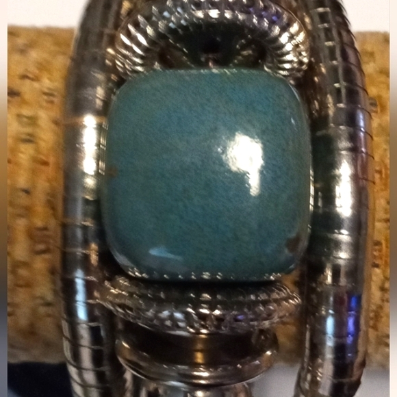 Vintage Bohemian Blue Cubed Big Silver Coil Wrap Around Dangle Bangle Bracelet - Picture 3 of 12